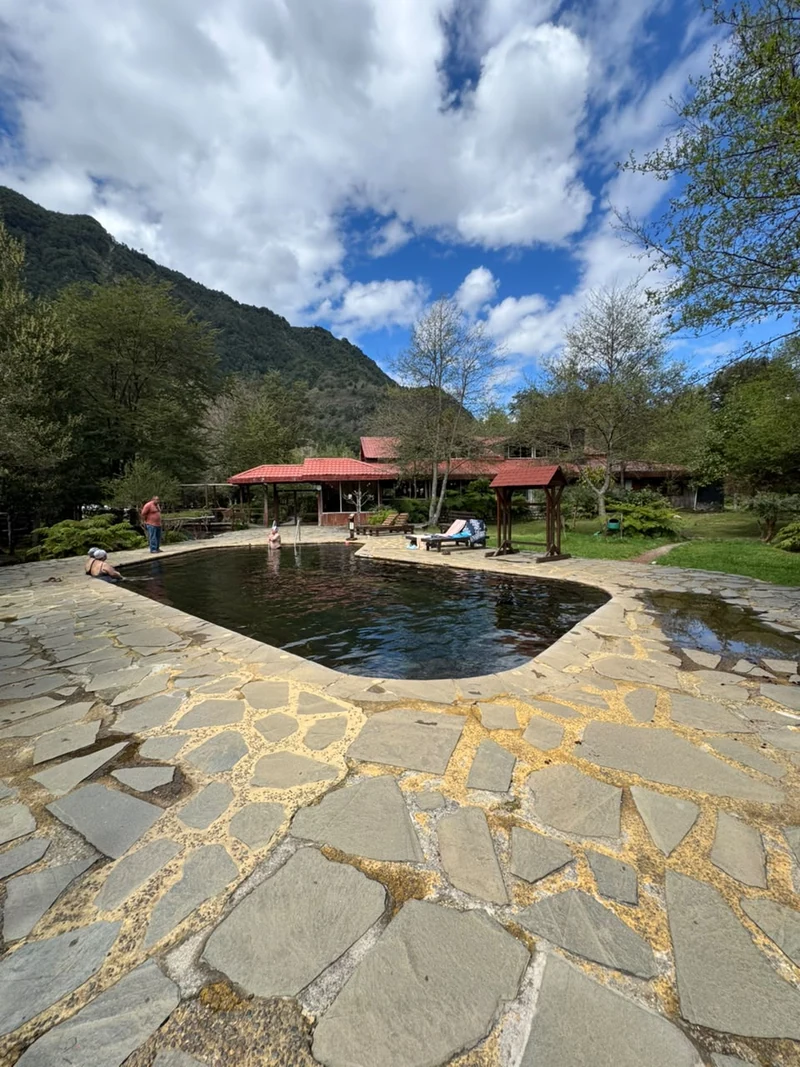 Piscina de Termas Coñaripe junto a jardines y bosque