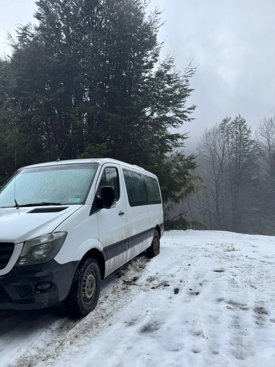 Vehículo blanco utilizado por TuDestinoSur en un entorno nevado