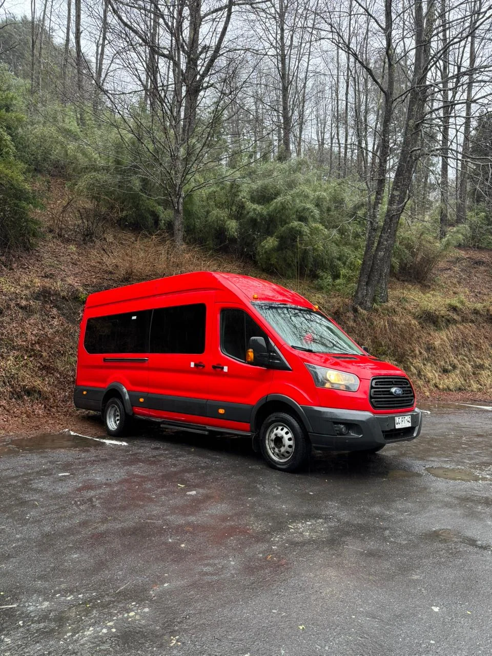 Vehículo rojo utilizado por TuDestinoSur en un entorno de bosque